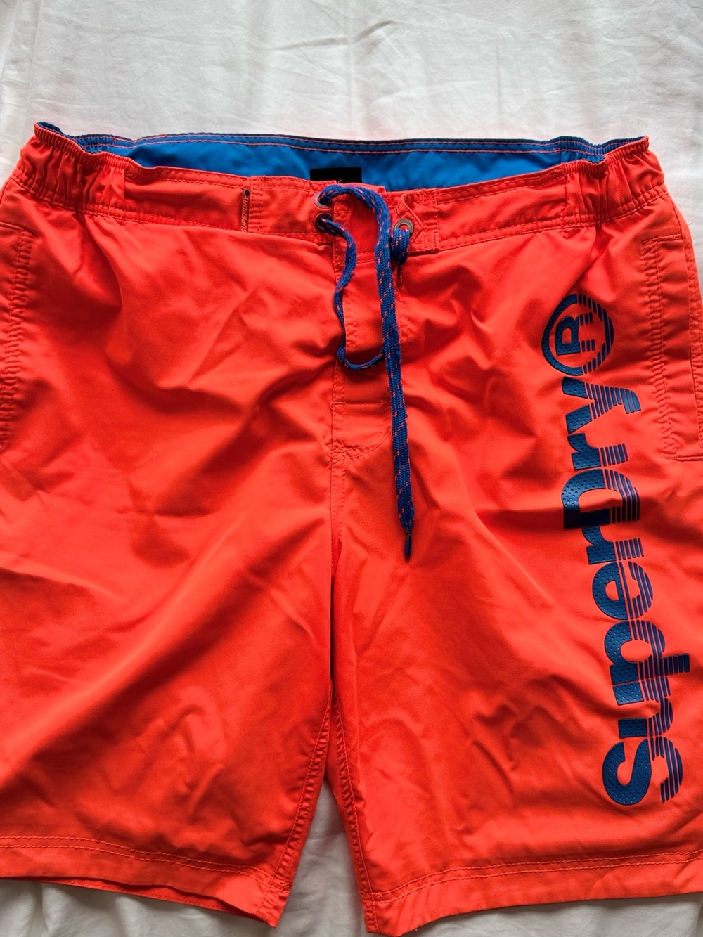 Superdry Men's Bright Red Swim Board Shorts with Blue Logo